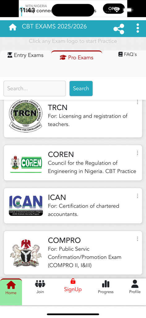 Pantalla que muestra categorías de exámenes profesionales para TRCN COREN e ICAN en la aplicación móvil CBT EXAMS