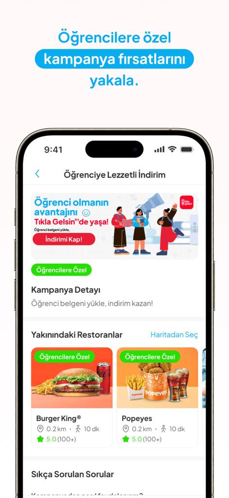 Interfaccia dell'app Tıkla Gelsin che mostra offerte di sconti per studenti per i ristoranti Burger King e Popeyes.
