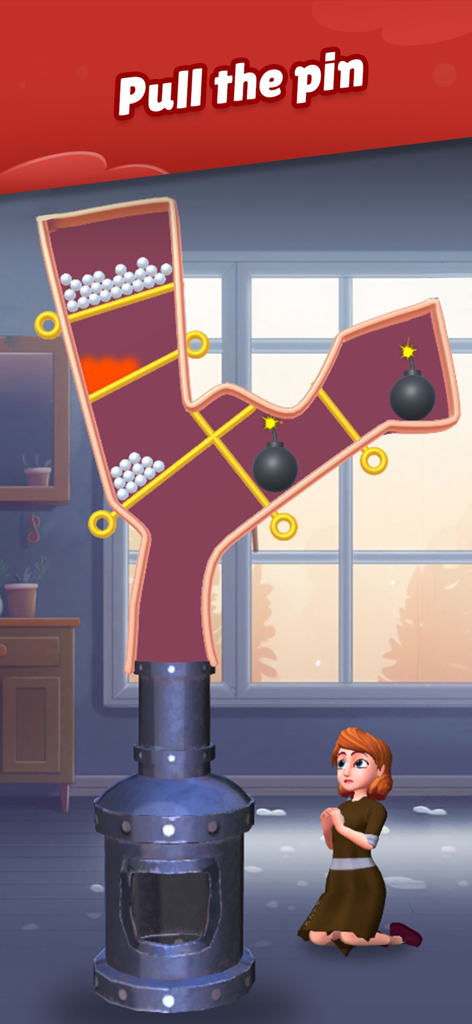 Home Pin 3: Homeless Adventure - A girl kneeling next to a stove in a pull the pin puzzle level