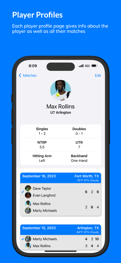 Tennis player profile screen in MatchTrack showing NTRP ratings UTR stats and match history