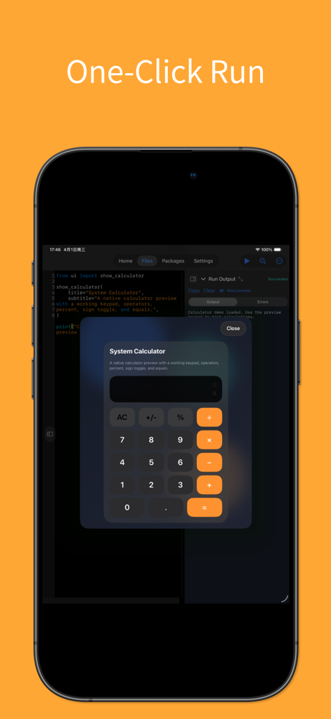 Python Code App - IDE & Editor - Aplicación IDE Python en iPhone que muestra una función de ejecución con un clic con una vista previa de script de calculadora