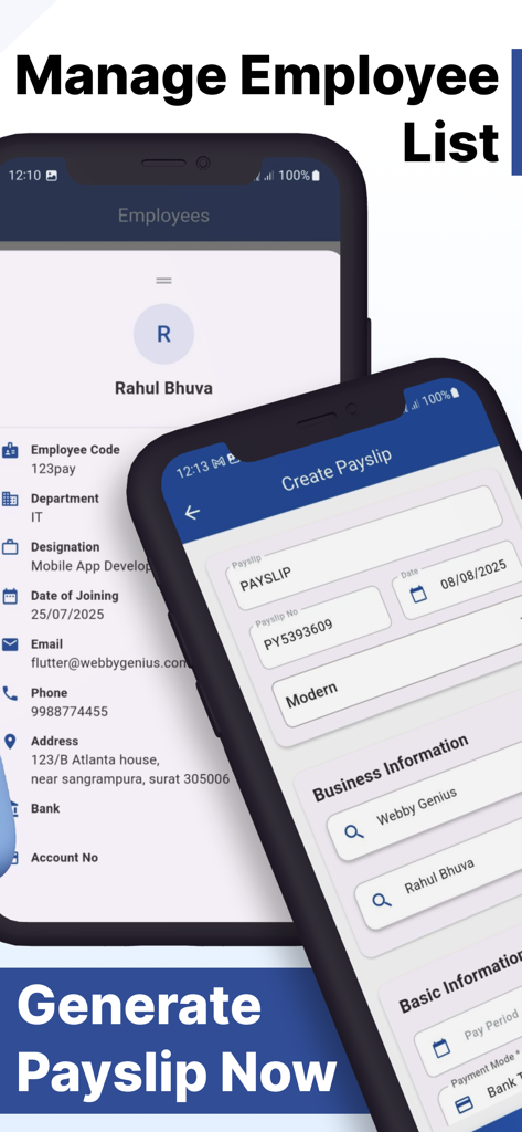 Payslip Maker: FreePayStub - Mobile app screens showing an employee list and a form to create a new payslip