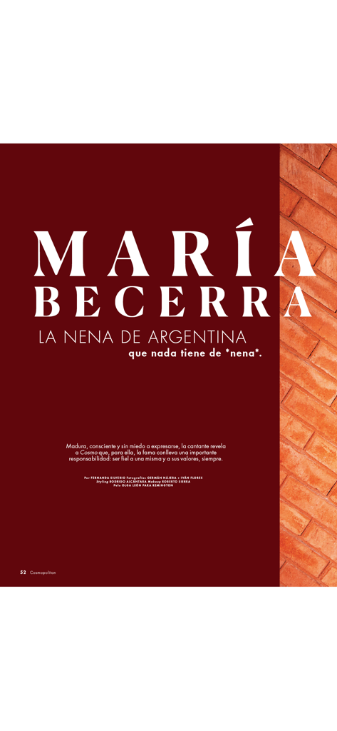 Una página destacada de la aplicación Cosmopolitan Mexico sobre la cantante María Becerra con un fondo rojo intenso.