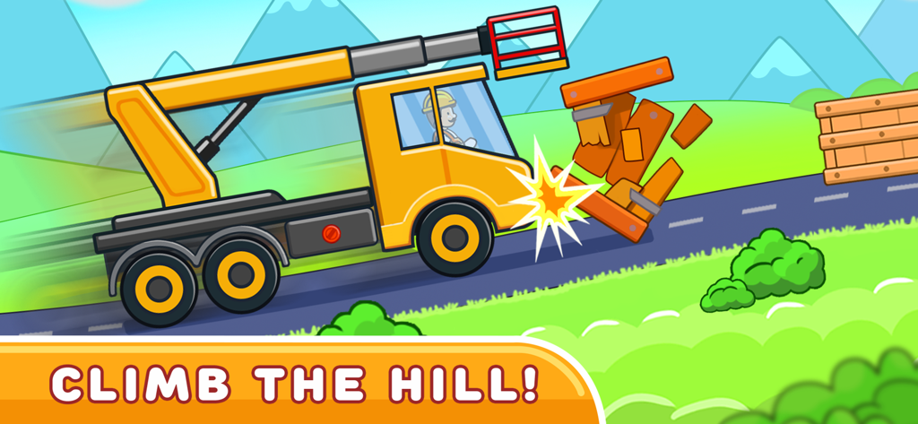 A cartoon yellow construction truck driving up a green hill and crashing into wooden crates in a kids racing game.