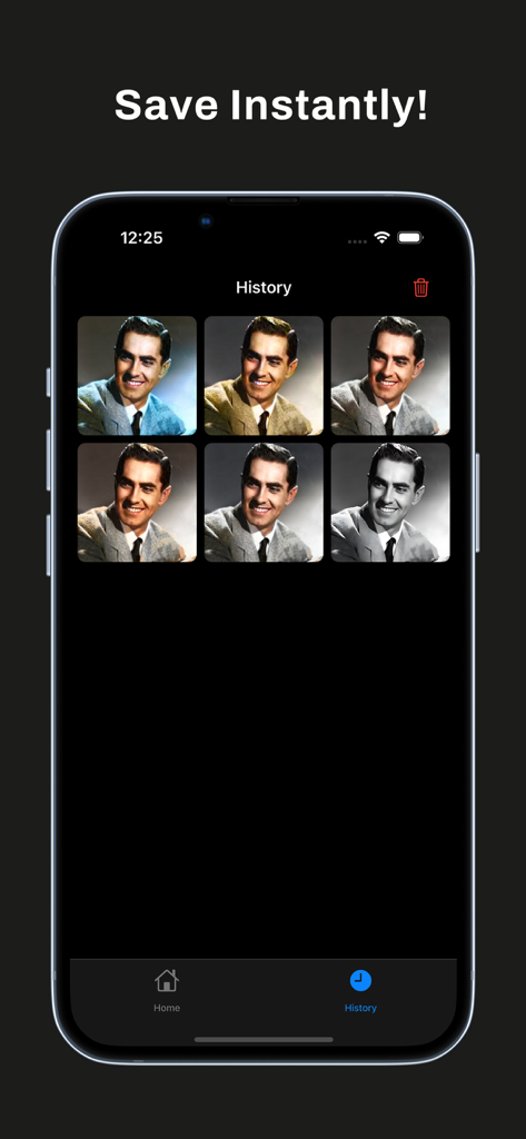 La sección de historial de la aplicación Restore Old Photos AI mostrando varias versiones coloreadas y restauradas de un retrato vintage.