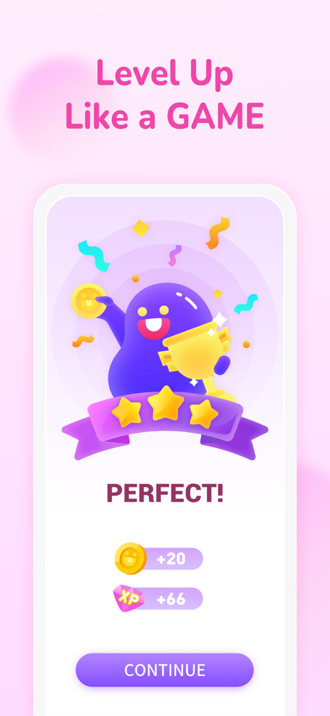 YuSpeak: Learn Japanese/Korean - Captura de pantalla de la aplicación YuSpeak mostrando una pantalla de recompensa gamificada con un personaje mascota morado sosteniendo un trofeo y el texto Sube de Nivel como en un JUEGO