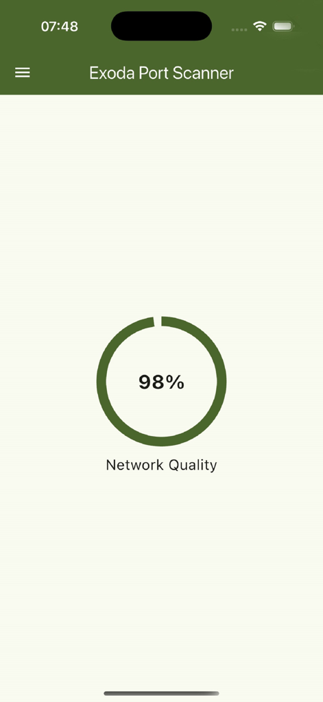 eXODA Port Scanner - Interfaz de la aplicación Exoda Port Scanner que muestra un indicador de calidad de red del 98 por ciento.