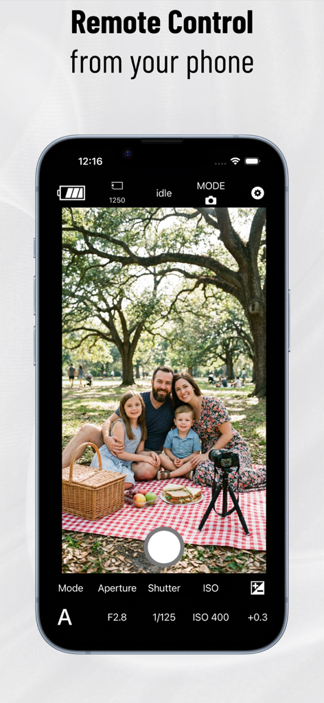 Control Wifi Sony Camera App - Pantalla de smartphone mostrando la interfaz de control remoto de una aplicación de cámara Sony con vista previa en vivo y ajustes.