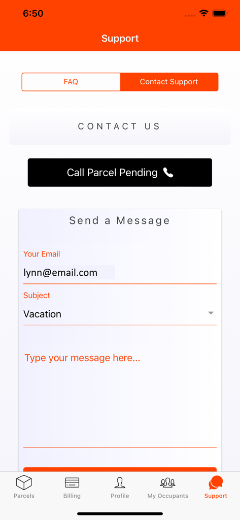 Parcel Pending Mobile - Parcel Pending Mobileアプリのサポート画面。連絡先オプションとメッセージフォームが表示されます。