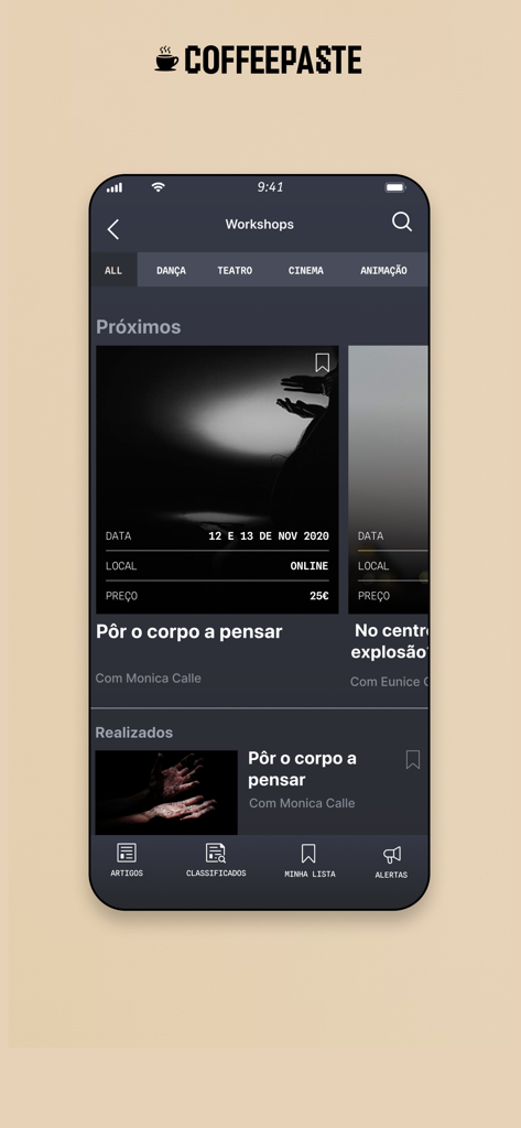 Screenshot of the Coffeepaste app showing upcoming performing arts workshops filtered by dance theater and cinema