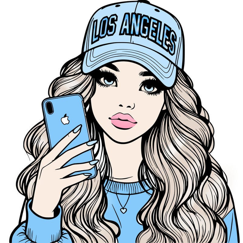 realistic beautiful girl wearing los ángeles cap holding an iphone