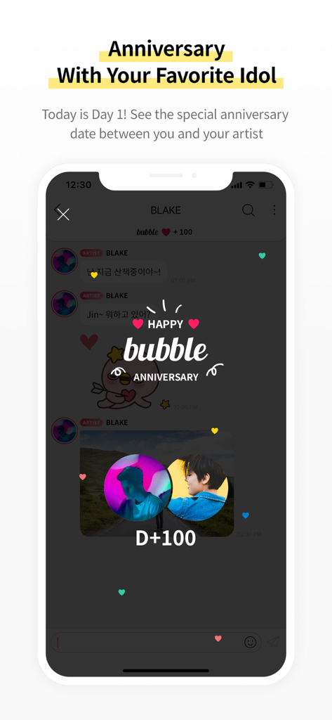 Screenshot of bubble for IST app showing a 100-day anniversary celebration milestone with a K-pop idol.