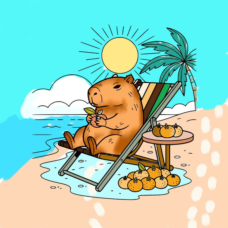 a capybara sitting in a beach on a chair with tangerines on preppy edition