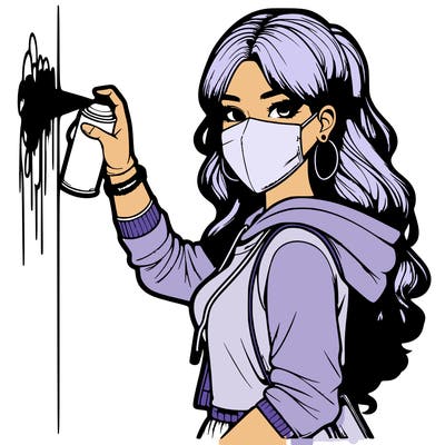 realistic girl with mask spray painting a wall