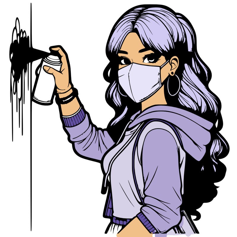 realistic girl with mask spray painting a wall