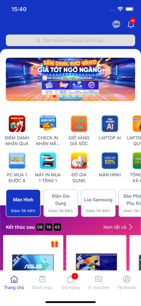 Phong Vu - Home screen of the Phong Vu mobile app showing promotional tech deals and shopping categories.