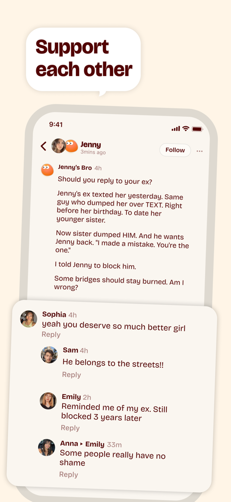 Bro - lockscreen buddy - A social feed in the Bro app showing community members providing supportive comments and advice on a post.