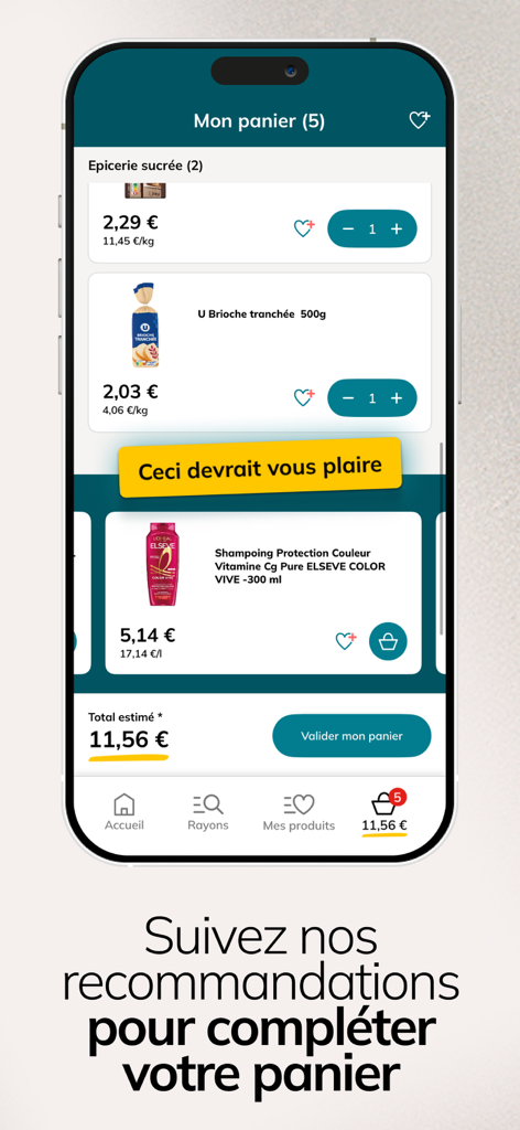 Courses U : Magasin en ligne - Screenshot of the Courses U app shopping cart showing grocery items and personalized product recommendations.