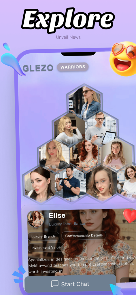 GZO App-Oberfläche, die ein Raster von Brillenberatern und ein personalisiertes Stilprofil für luxuriöse Fassungsempfehlungen zeigt.