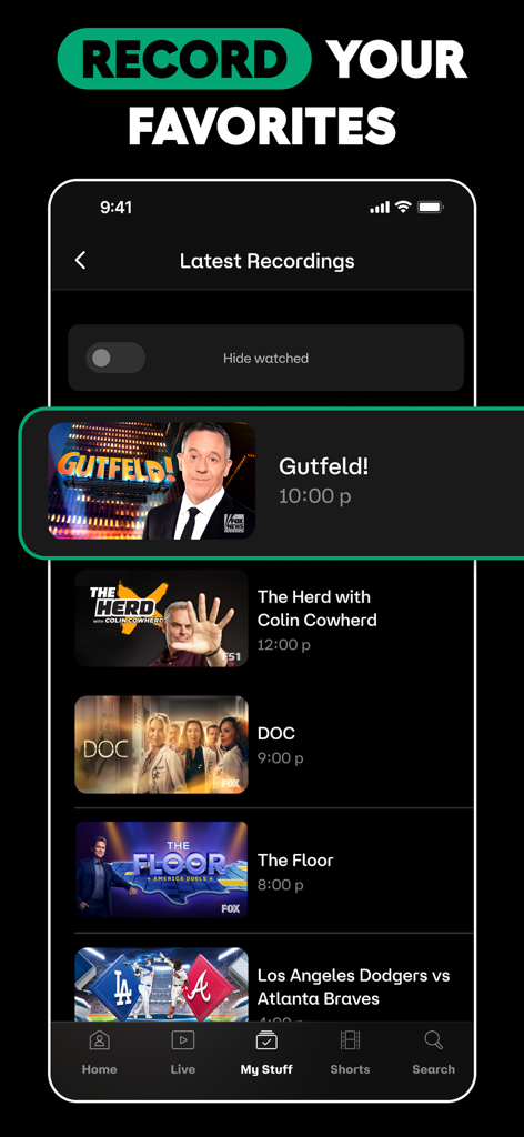 FOX One: Live News, Sports, TV - FOX Oneアプリのモバイルスクリーンショット。GutfeldやMLBなどのニュースやスポーツ番組が表示された最新の録画ページが表示されています。
