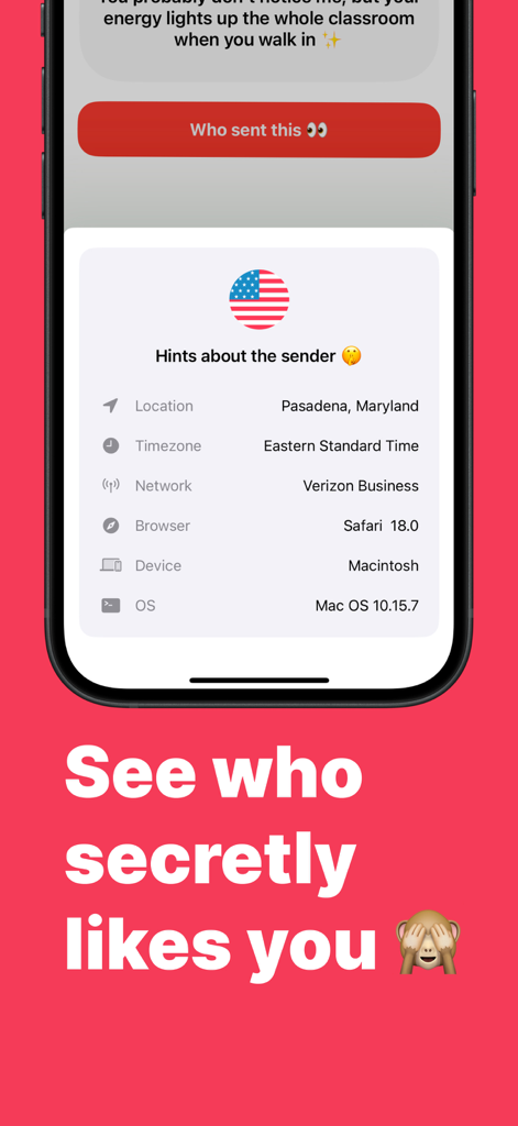 FRL - Anonymous Messages - Interface do aplicativo FRL mostrando dicas de localização e dispositivo para identificar remetentes de mensagens anônimas.