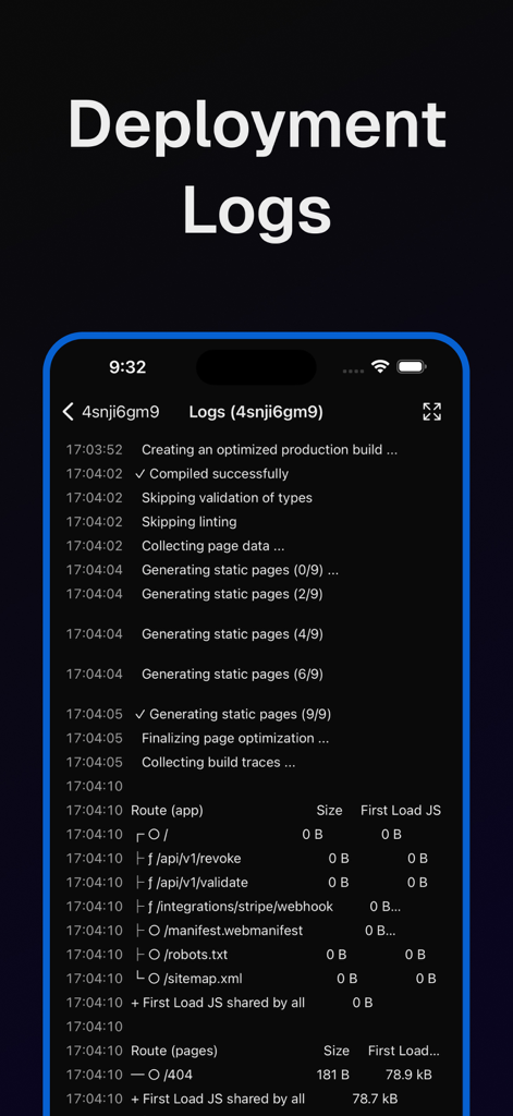 Vercel Mobile — Rev - A mobile screen displaying real-time Vercel deployment and build logs