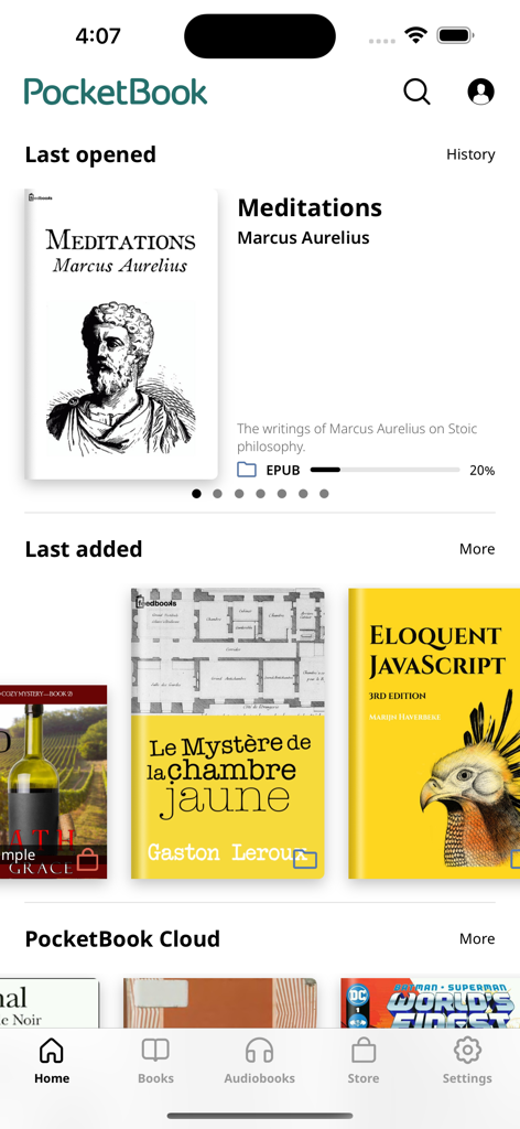 PocketBook Reader - PocketBook Reader mobile app home screen showing a digital library with book covers and reading progress
