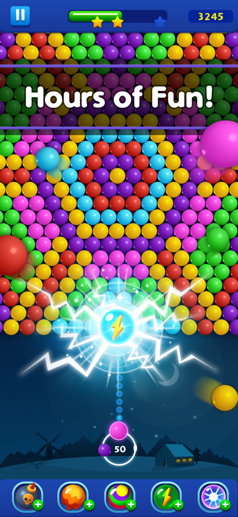 Bubble Pop Game! Ball Shooter - Captura de pantalla del juego Bubble Pop mostrando un potenciador de trueno y burbujas de colores.