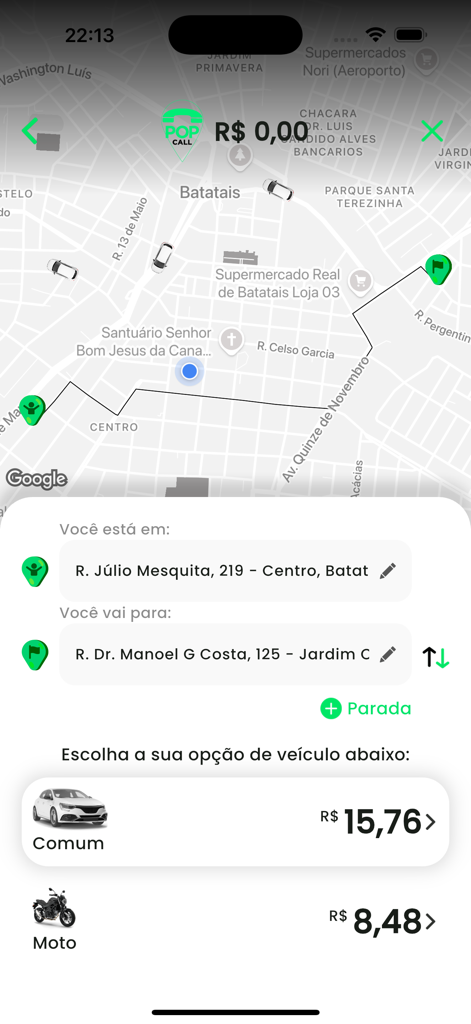 POP call - pedidos em massa - POP call mobile app interface displaying a map route and price options for car and motorcycle deliveries