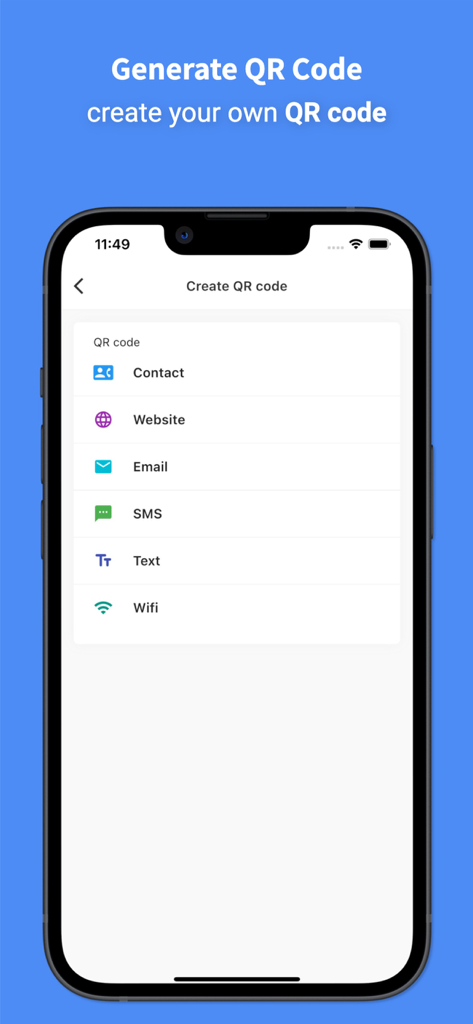 Language Translator Pro - All+ - Interface of the Language Translator Pro app showing options to create QR codes for contacts websites emails and wifi