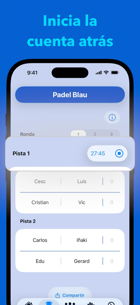 Americana Padel App-Turnierscreen mit einem Countdown-Timer für Spiele und Spielerpaarungen für mehrere Plätze