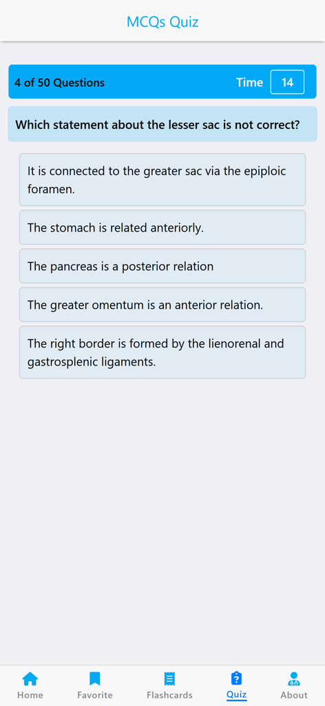 A multiple choice quiz screen within the Learn Muscles Anatomy app featuring a question about the lesser sac
