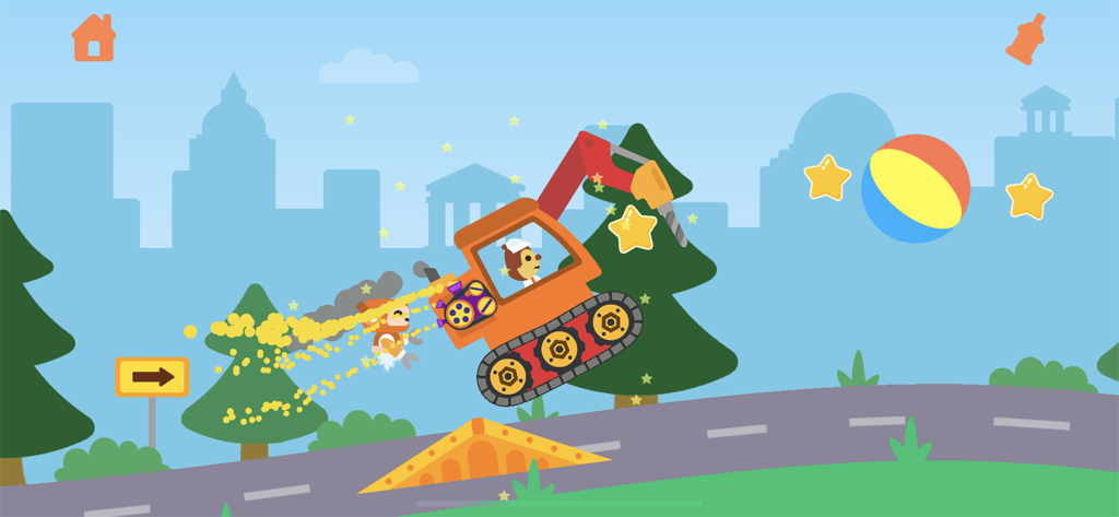 Kids Car Games: Police Car Fun - 漫画のアライグマがオレンジ色の掘削機でランプを飛び越えている。