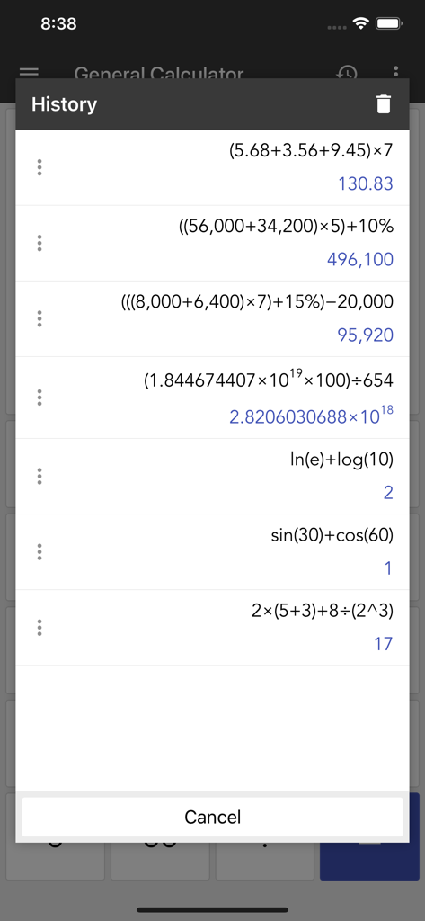 A screen showing the calculation history in the ClevCalc app including scientific formulas and results