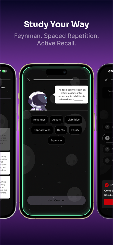 Interface do aplicativo Lumi mostrando modos de estudo de recordação ativa e repetição espaçada com um personagem tutor astronauta