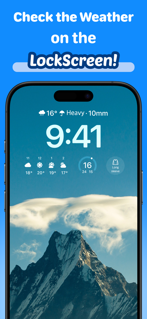 Weather Radar app lock screen widgets showing hourly forecast and clothing recommendation on iPhone