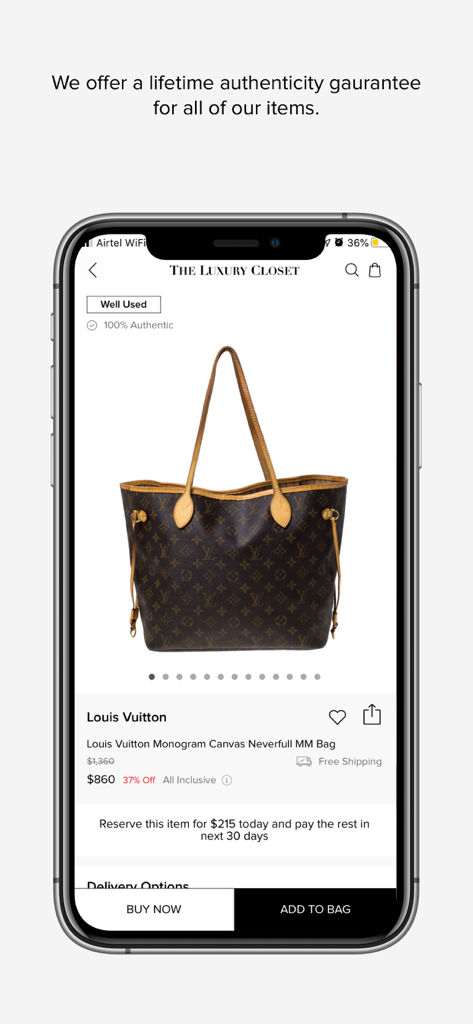 Una borsa Louis Vuitton Neverfull MM elencata sull'app The Luxury Closet con garanzia di autenticità.