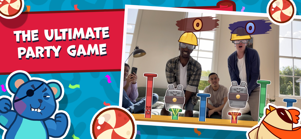 友人たちがリビングルームで、拡張現実の身体制御パーティーゲームをプレイしている