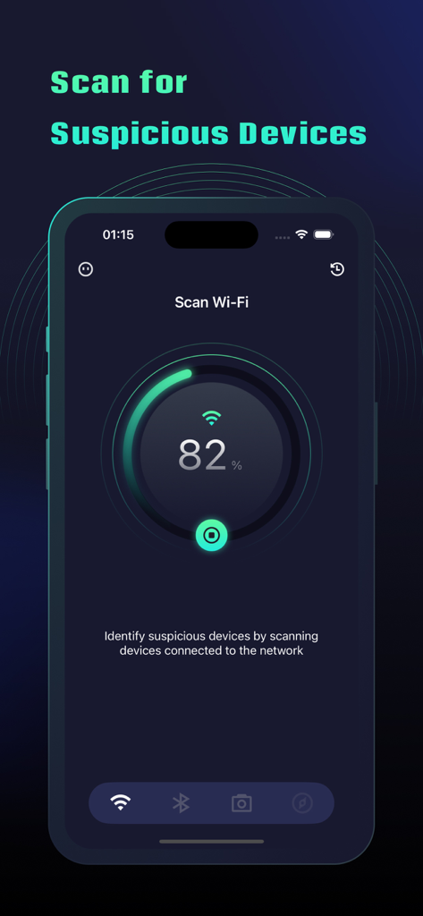 Spy Hidden Camera Detector+ - Interface of Spy Hidden Camera Detector app scanning a Wi-Fi network for suspicious devices.