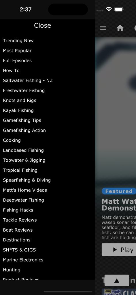 Navigation menu in the Ultimate Fishing app showing categories like Knots and Rigs and Boat Reviews.