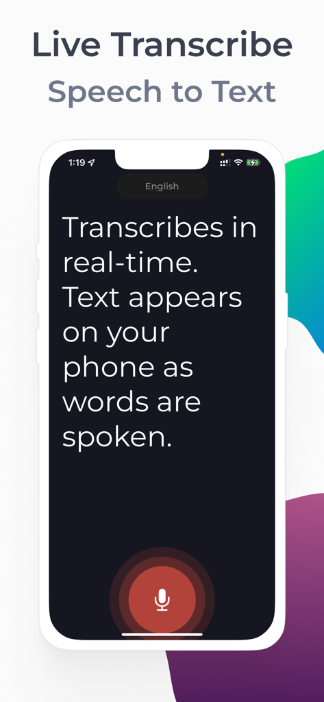 Transkriptor Voice To Text - iPhone screen showing live speech to text transcription with a large microphone button for accessibility