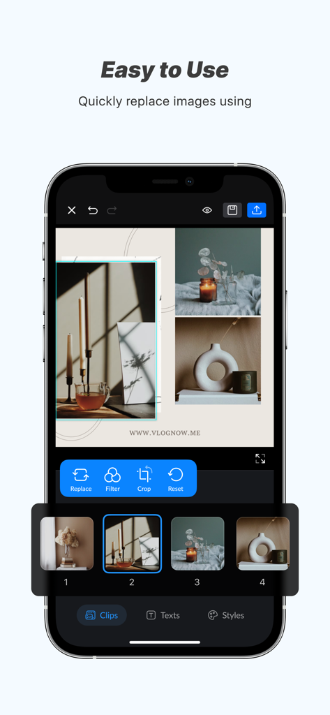 Flow Studio mobile app interface showing a photo collage being edited with easy to use tools