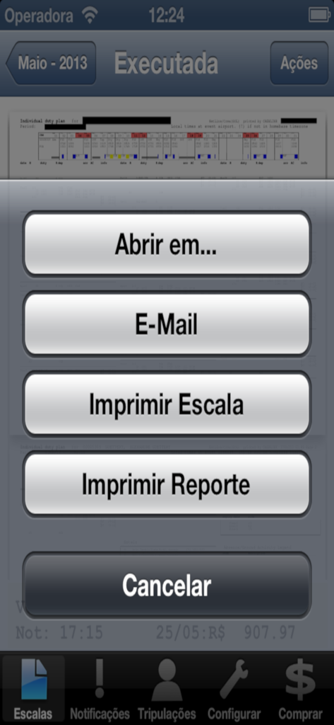 CrewLink Manager - Menu de ações do CrewLink Manager mostrando opções para e-mail e impressão de escalas