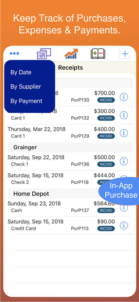 Plumber app screen for tracking receipts, expenses, and payments with filters for supplier and date.
