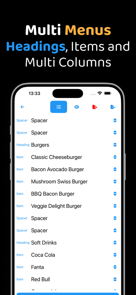 Menu Maker - Price List PDF - Smartphone display showing the editing screen of a menu maker app with a list of food items and headings