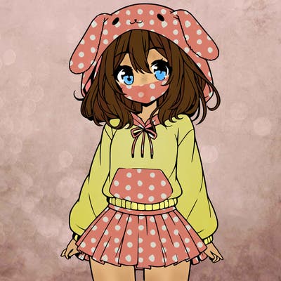 pretty anime girl wearing a fluffy hoodie with bunny ears on the hood and a skirt