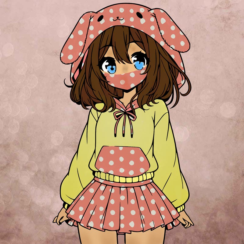 pretty anime girl wearing a fluffy hoodie with bunny ears on the hood and a skirt