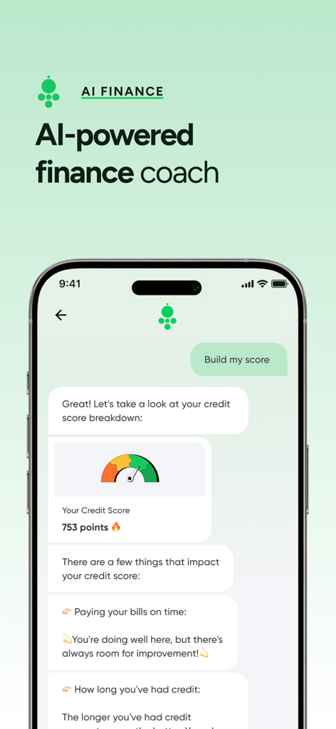 A mobile app interface showing an AI finance coach analyzing a credit score and providing financial tips
