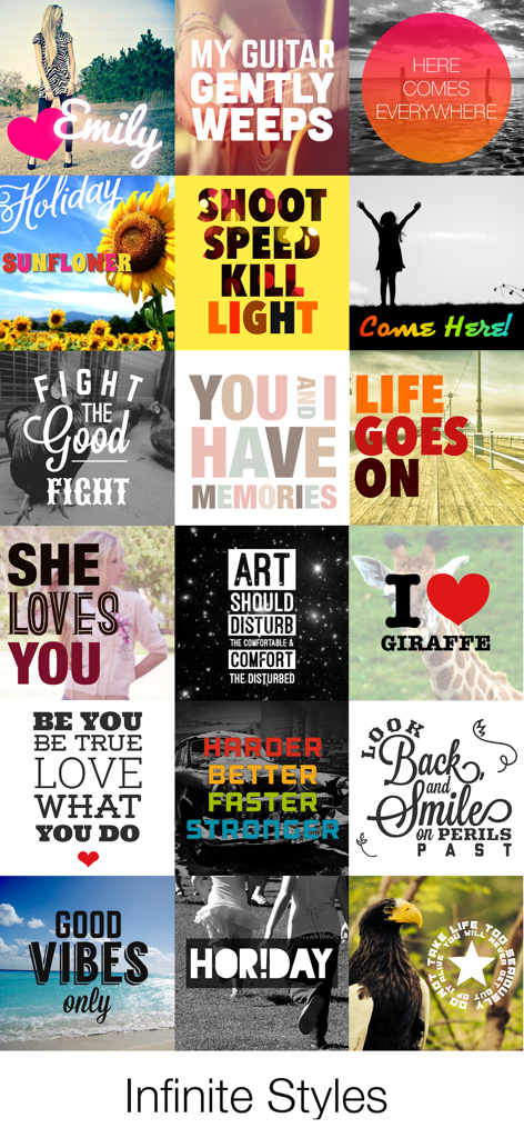 A collage showing a variety of creative text overlays and font styles on different photos