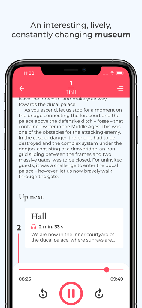 Trakų istorijos muziejus - Interfaccia della guida audio dell'app del Museo di Storia di Trakai che mostra una descrizione storica della sala del castello e controlli di riproduzione